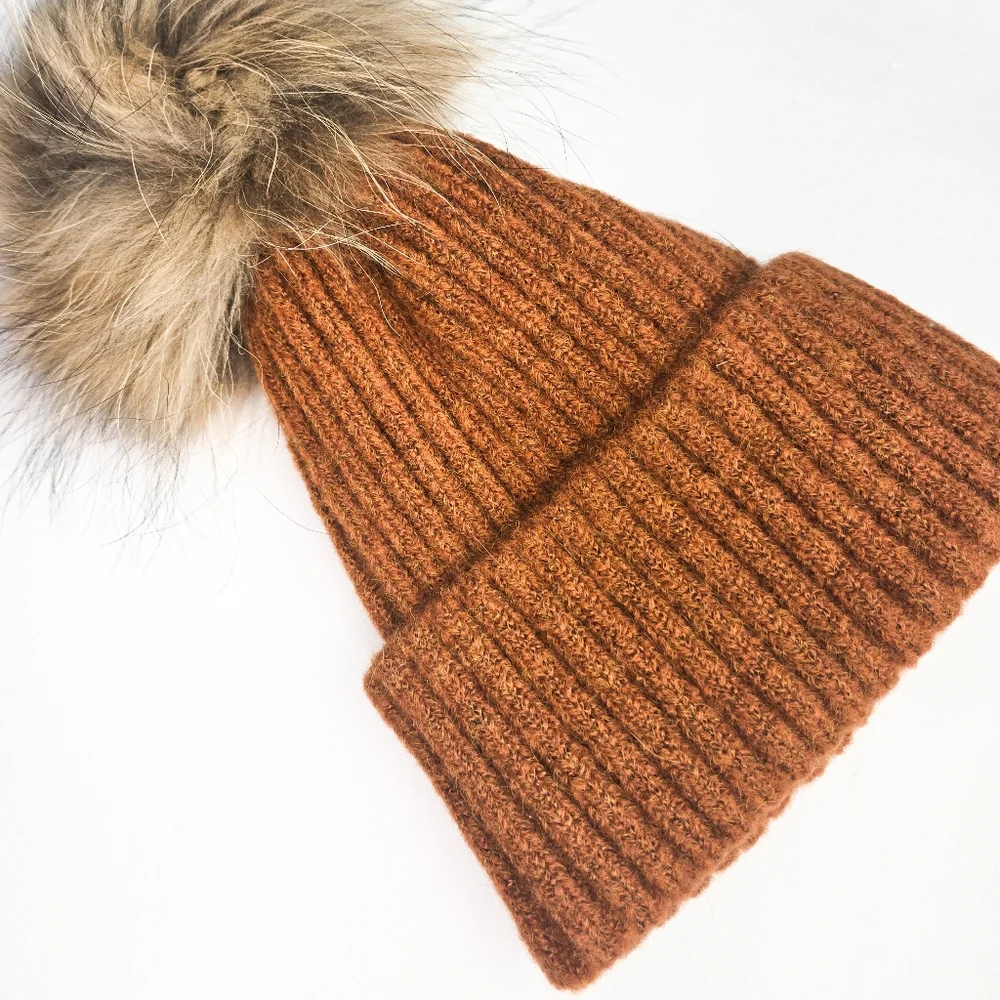 NWT Virginia Wolf Fallon Pom Pom Knit Hat, Tumeric